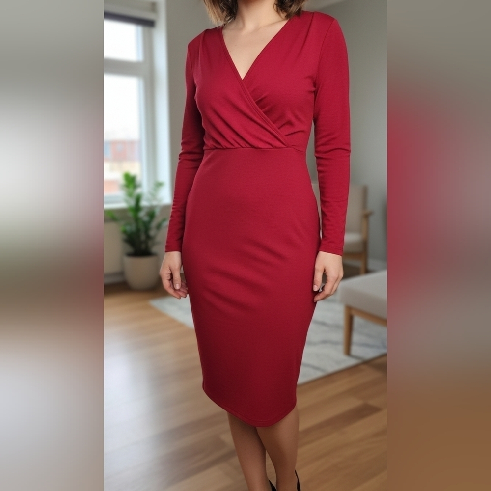 NWOT RED Bodycon Faux Wrap Midi Dress MEDIUM Holiday Party Dress